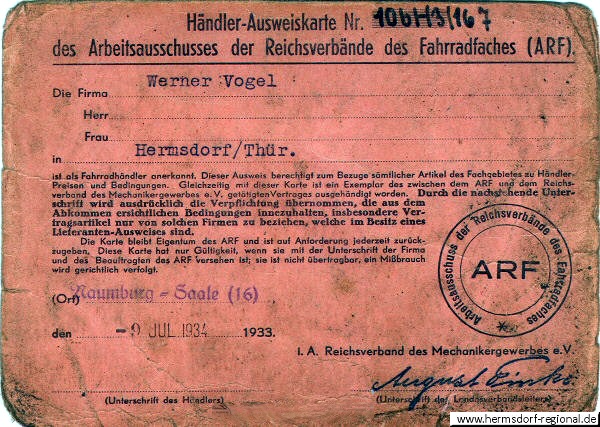 Händlerausweis von 1933