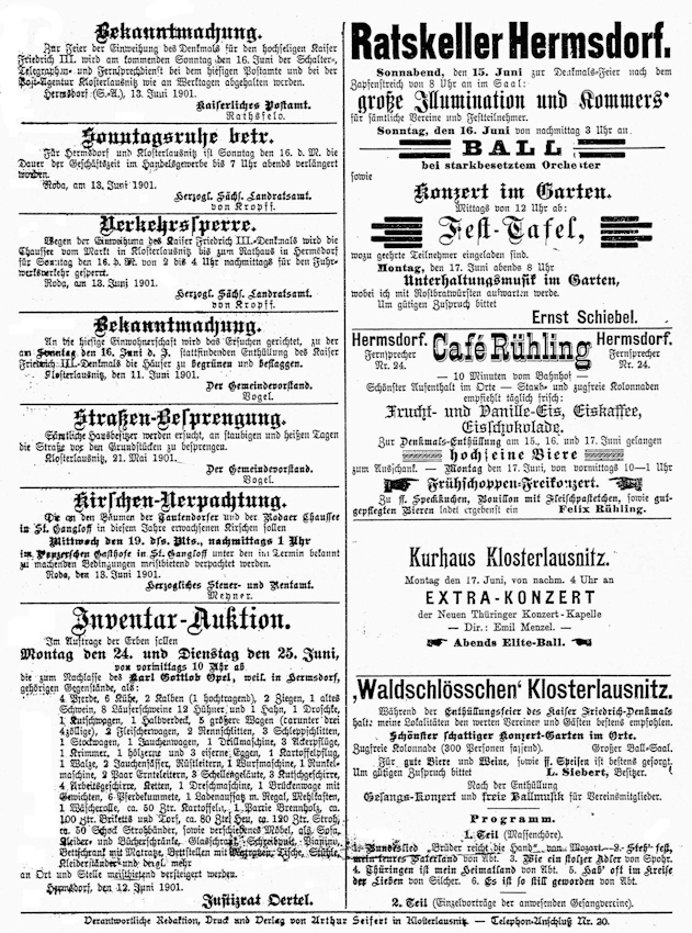 Veröffentlichung der Festordnung im "Boten für den Westkreis am 15.06.1901