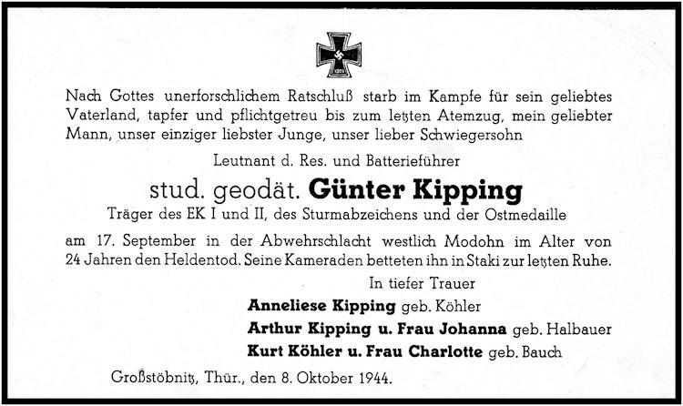 Am 17.09.1944 fiel bei Modohn der Sohn Günter von Johanna und Artur Kipping.
