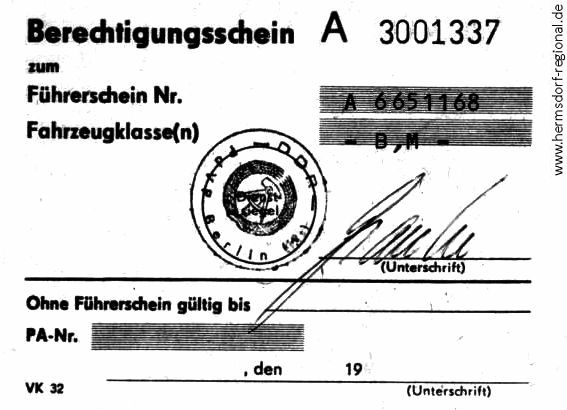 31 DDR:Berechtigungdsschein zum Führerschein 