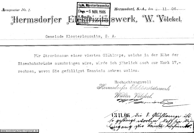 Schreiben des Hermsdorfer Elektrizitätswerkes Walter Völkel vom 02.11.1906