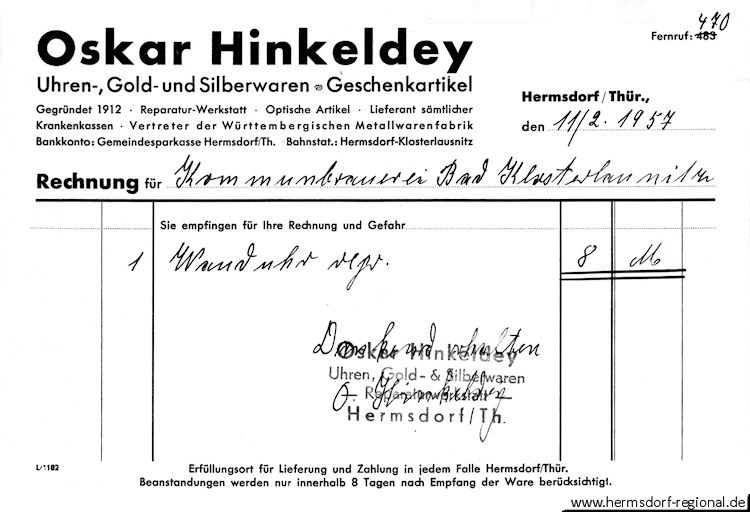 Rechnung vom 11.02.1957 an die Kommunbrauerei Bad Klosterlausnitz.