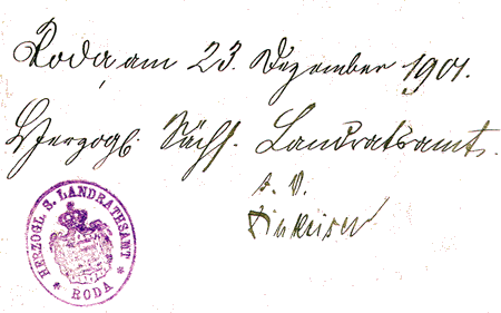 Herzoglich sächisches Landratsamt Roda 1909
