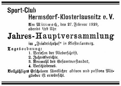 27.02.1929 Jahreshauptversammlung des SC Hermsdorf-Klosterlausnitz im "Friedrichshof" 