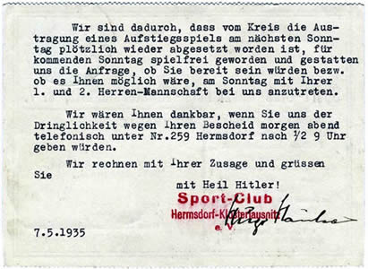 07.05.1935 Spielanfrage an die Spielvereinigung Jena 